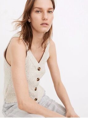 Madewell Signature Knit Button-Front Sweater Tank Oatmeal Marled V-Neck